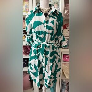 Green and White Patterned Shirt Dress